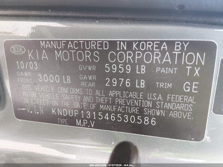 2004 Kia SEDONA VIN KNDUP131546530586 IAAI salvage auction — NORMAL WEAR, Clear (Missouri), sold $250 on 2026-07-28 (photo 9)
