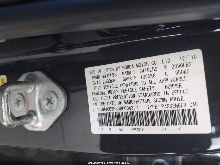 2011 Acura Tsx VIN JH4CU2F69BC004377 IAAI salvage auction — NORMAL WEAR, Clear (Florida), sold $450 on 2026-07-16 (photo 9)