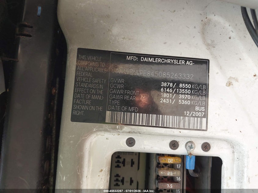 2008 Dodge Sprinter VIN WDWPE845085263332 IAAI salvage auction — NORMAL WEAR, Original (Ohio), sold $275 on 2026-07-09 (photo 9)