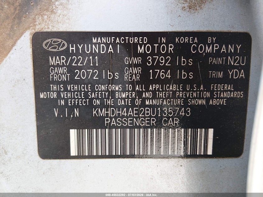2011 Hyundai Elantra VIN KMHDH4AE2BU135743 IAAI salvage auction — NORMAL WEAR, Clear (Alabama), sold $25 on 2026-07-27 (photo 9)
