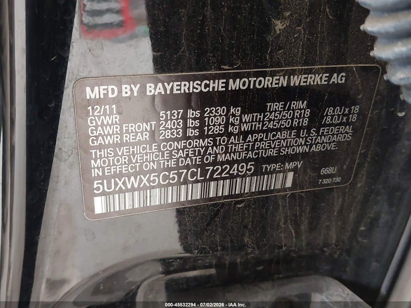 2012 BMW X3 VIN 5UXWX5C57CL722495 IAAI salvage auction — REAR END, Bill Of Sale (Washington), sold $1,650 on 2026-07-22 (photo 9)