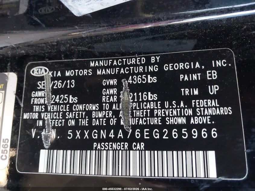 2014 Kia Optima VIN 5XXGN4A76EG265966 IAAI salvage auction — FRONT END, Rebuildable (Florida), sold $550 on 2026-07-22 (photo 9)