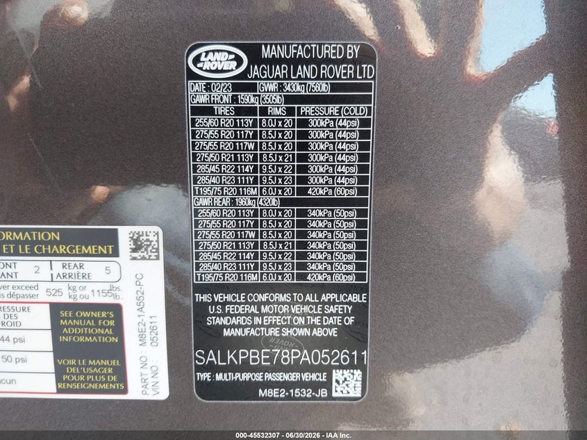 2023 Land rover RANGE ROVER VIN SALKPBE78PA052611 IAAI salvage auction — RIGHT FRONT, Salvage Title, sold $14,100 on 2026-07-29 (photo 9)