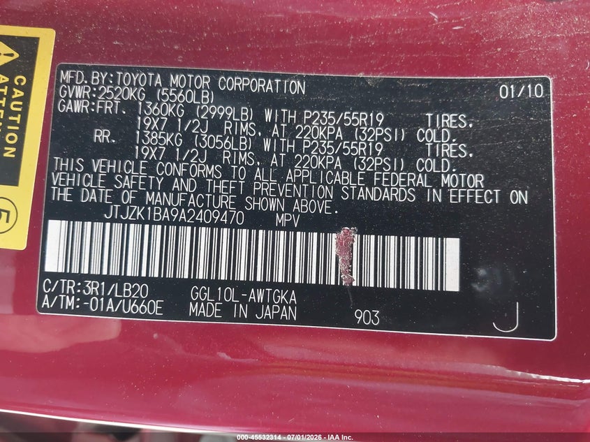 2010 Lexus Rx VIN JTJZK1BA9A2409470 IAAI salvage auction — LEFT FRONT, Salvage (California), sold $4,200 on 2026-07-19 (photo 9)