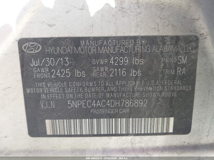 2013 Hyundai Sonata VIN 5NPEC4AC4DH786892 IAAI salvage auction — FRONT END, Salvage (Pennsylvania), sold $450 on 2026-07-31 (photo 9)