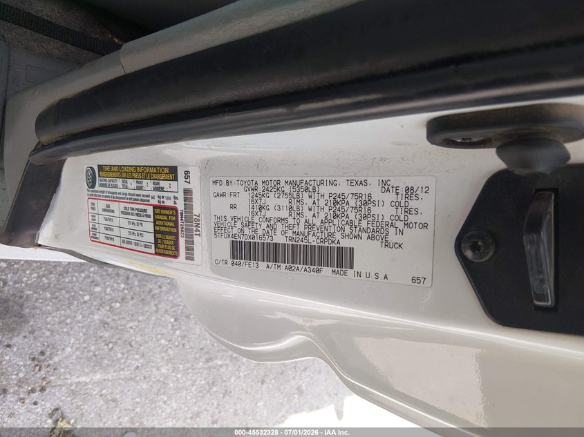 2013 Toyota Tacoma VIN 5TFUX4EN7DX016573 IAAI salvage auction — FRONT END, Regular Certificate (Iowa), sold $6,775 on 2026-07-14 (photo 9)