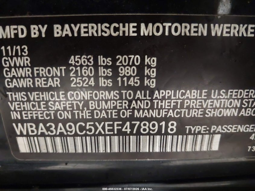 2014 BMW 3er VIN WBA3A9C5XEF478918 IAAI salvage auction — FRONT END, Mv-907A (New York), sold $925 on 2026-07-22 (photo 9)