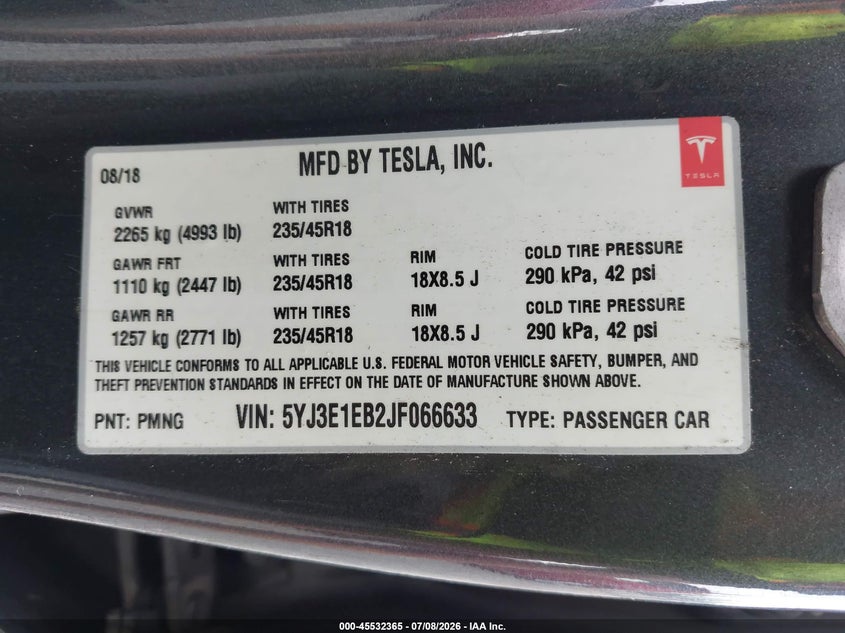 2018 Tesla Model 3 VIN 5YJ3E1EB2JF066633 IAAI salvage auction — FRONT END, Bill Of Sale (Washington), sold $6,100 on 2026-07-29 (photo 9)