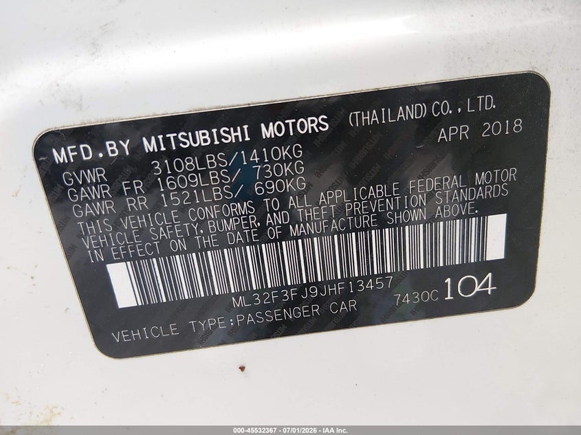 2018 Mitsubishi Mirage VIN ML32F3FJ9JHF13457 IAAI salvage auction — NORMAL WEAR, Original (Texas), sold $1,575 on 2026-07-06 (photo 9)