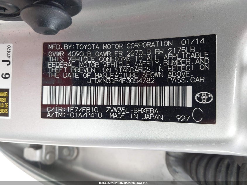2014 Toyota Prius VIN JTDKN3DP4E3054782 IAAI salvage auction — RIGHT SIDE, Salvage (California), sold $3,900 on 2026-07-22 (photo 9)