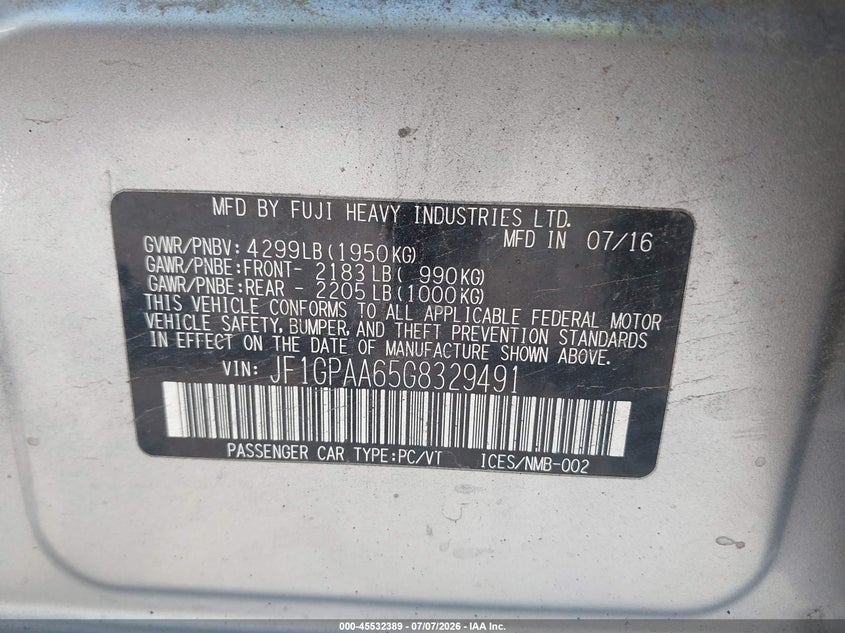 2016 Subaru Impreza VIN JF1GPAA65G8329491 IAAI salvage auction — FRONT & REAR, Salvage (Tennessee), sold $175 on 2026-07-23 (photo 9)