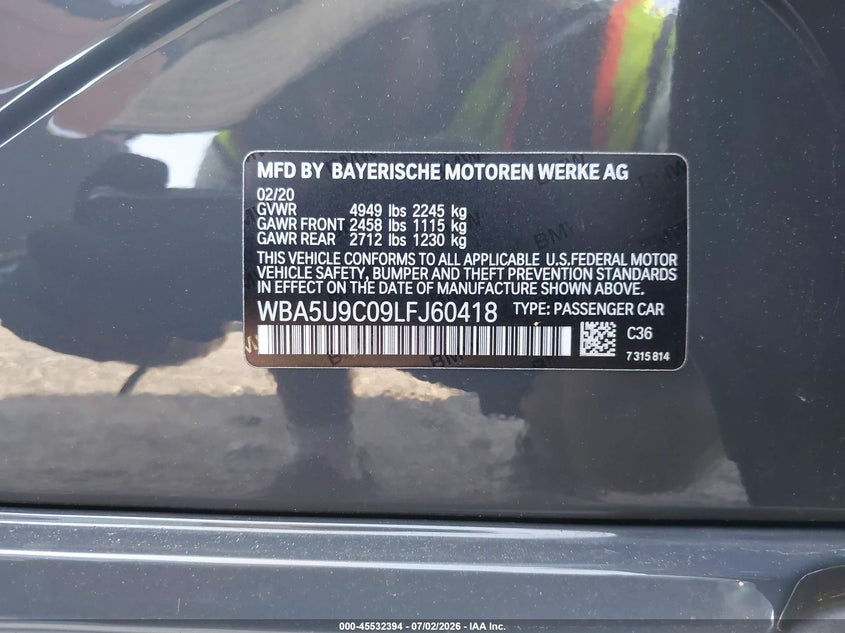 2020 BMW 3er VIN WBA5U9C09LFJ60418 IAAI salvage auction — SIDE, Salvage Title, sold $16,700 on 2026-07-16 (photo 9)