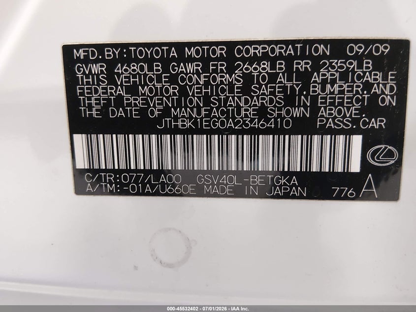 2010 Lexus Es 350 VIN JTHBK1EG0A2346410 IAAI salvage auction — SIDE, Salvage (Utah), sold $25 on 2026-07-29 (photo 8)