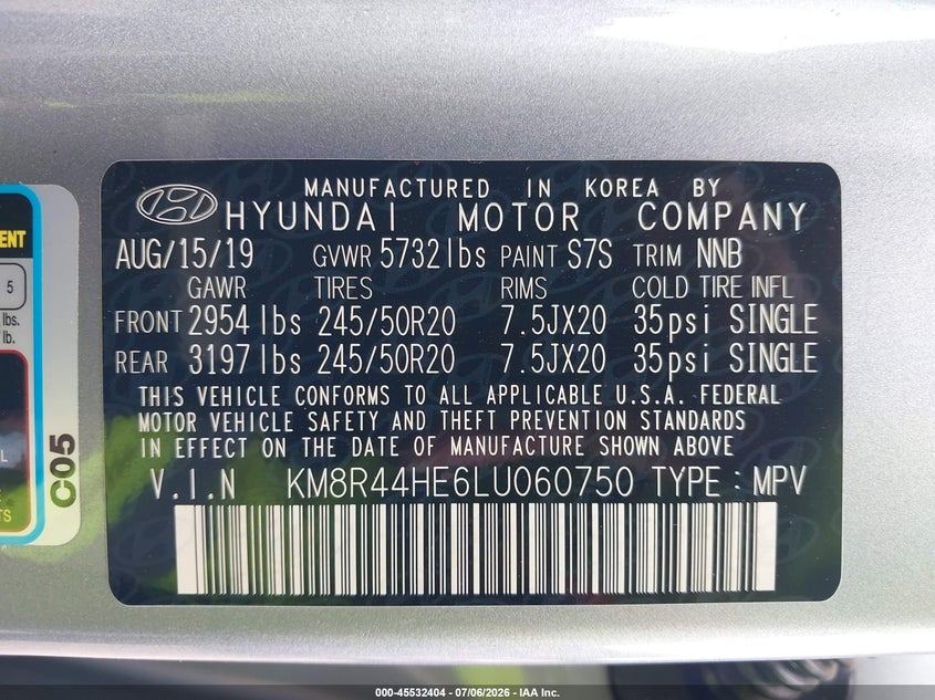 2020 Hyundai Palisade VIN KM8R44HE6LU060750 IAAI salvage auction — REAR END, Salvage - 75% Or Less (Maryland), sold $6,900 on 2026-07-23 (photo 9)