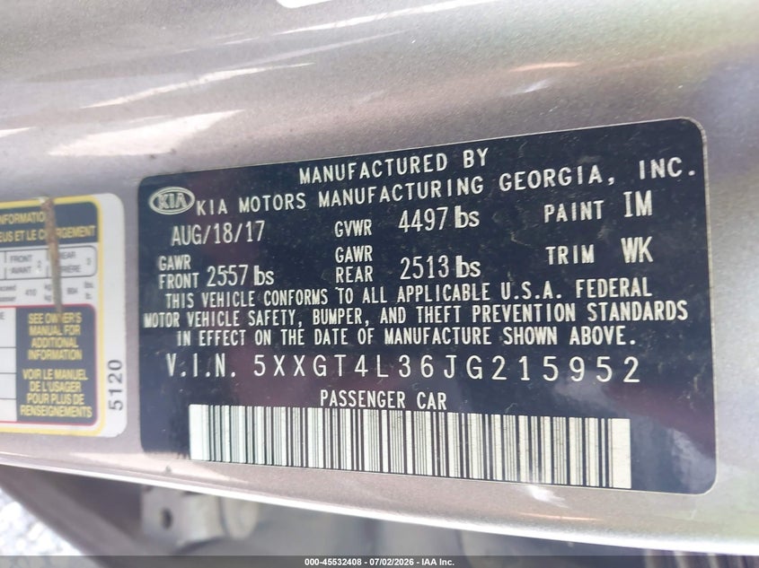 2018 Kia Optima VIN 5XXGT4L36JG215952 IAAI salvage auction — FRONT END, Salvage Title, sold $750 on 2026-07-22 (photo 9)