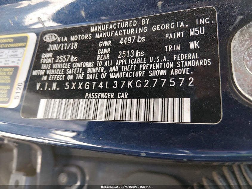 2019 Kia Optima VIN 5XXGT4L37KG277572 IAAI salvage auction — FRONT END, Rebuildable (Florida), sold $25 on 2026-07-28 (photo 9)