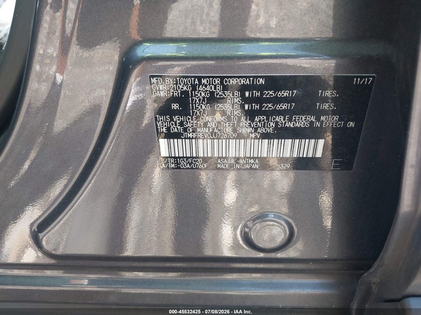 2018 Toyota Rav 4 VIN JTMRFREV0JJ726709 IAAI salvage auction — FRONT END, Mv-907A (New York), sold $3,550 on 2026-07-28 (photo 9)