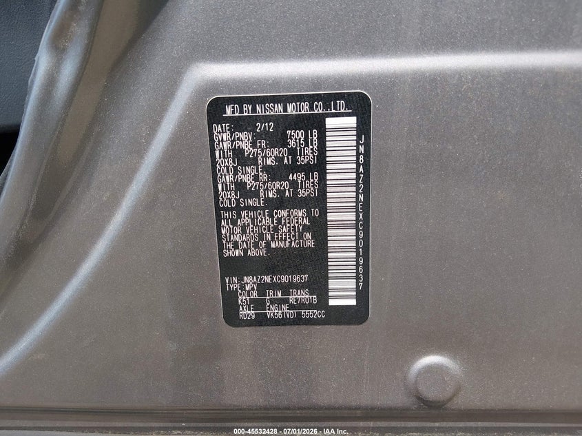 2012 Infiniti Qx56 VIN JN8AZ2NEXC9019637 IAAI salvage auction — FRONT END, Salvage Title, sold $525 on 2026-07-29 (photo 9)