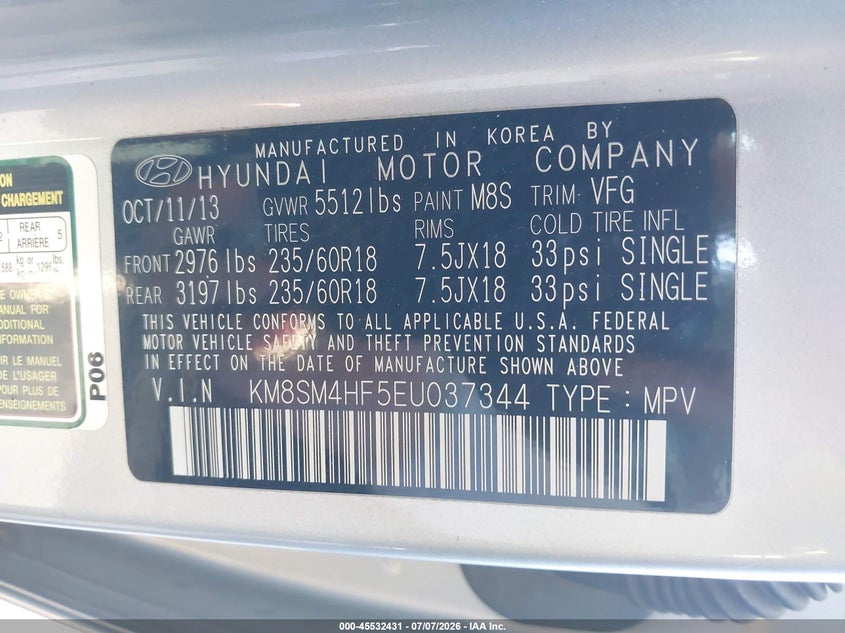 2014 Hyundai Santa fe VIN KM8SM4HF5EU037344 IAAI salvage auction — FRONT END, Salvage (California), sold $25 on 2026-07-21 (photo 9)