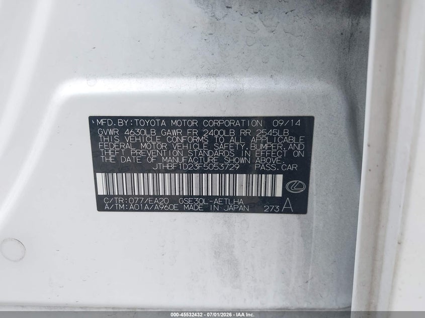 2015 Lexus Is VIN JTHBF1D23F5053729 IAAI salvage auction — LEFT REAR, Salvage (California), sold $2,150 on 2026-07-29 (photo 9)