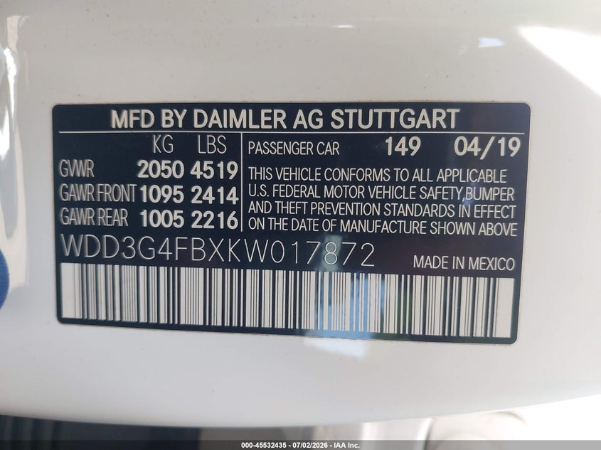 2019 Mercedes-benz A-klasse VIN WDD3G4FBXKW017872 IAAI salvage auction — RIGHT SIDE, Wait Title, sold $9,225 on 2026-08-19 (photo 9)