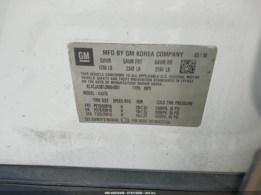 2018 Buick Encore VIN KL4CJASB1JB664001 IAAI salvage auction — FRONT END, Salvage (California), sold $825 on 2026-07-14 (photo 9)