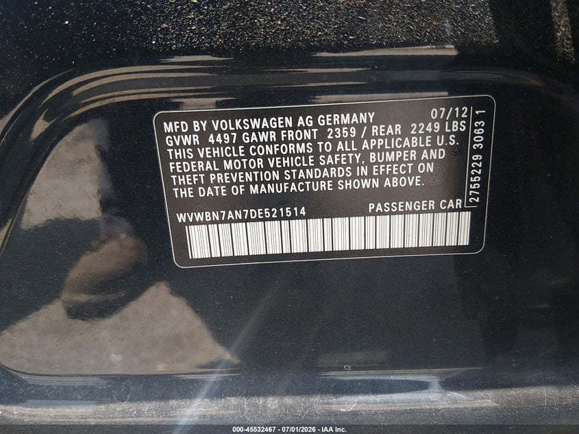 2013 Volkswagen VIN WVWBN7AN7DE521514 IAAI salvage auction — REAR END, Salvage (Louisiana), sold $525 on 2026-07-29 (photo 9)
