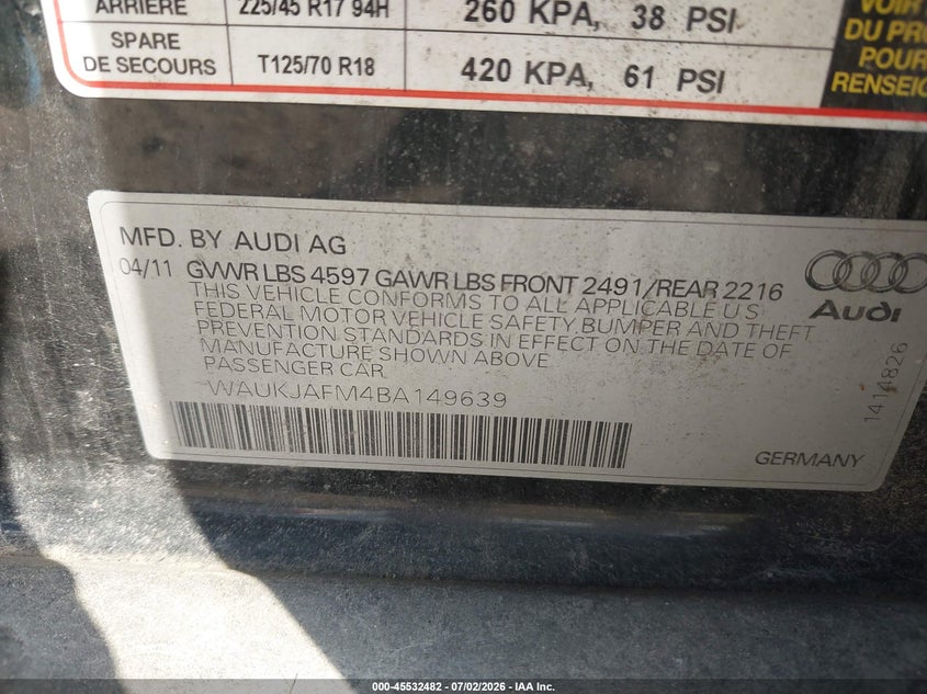 2011 Audi A3 VIN WAUKJAFM4BA149639 IAAI salvage auction — FRONT END, Salvage (Pennsylvania), sold $300 on 2026-07-24 (photo 9)