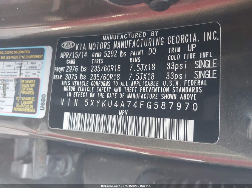 2015 Kia Sorento VIN 5XYKU4A74FG587970 IAAI salvage auction — NORMAL WEAR, Salvage Title, sold $25 on 2026-07-21 (photo 9)