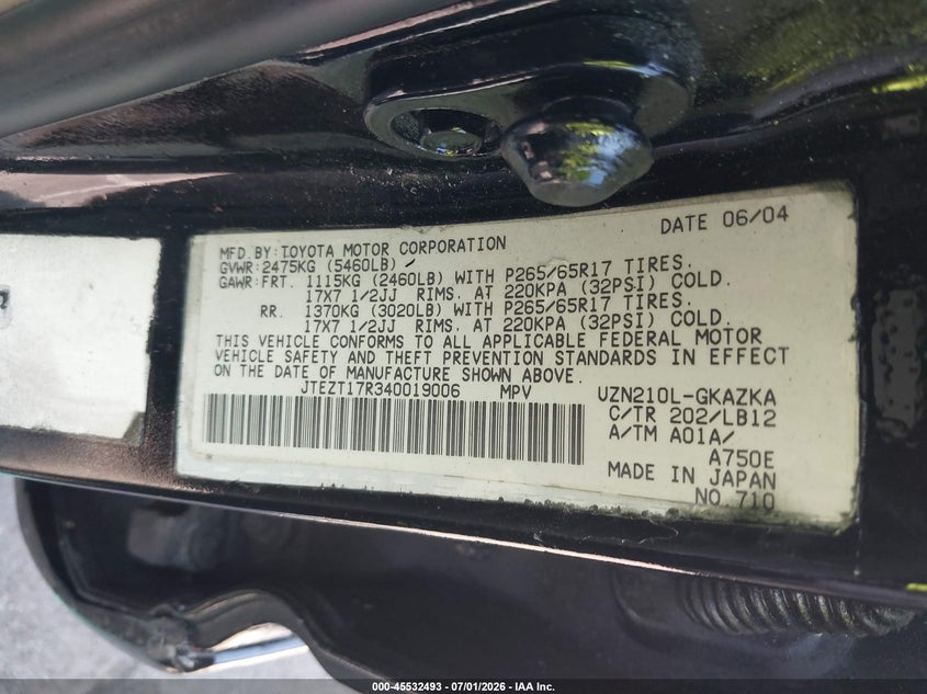 2004 Toyota 4runner VIN JTEZT17R340019006 IAAI salvage auction — NORMAL WEAR, Clear (Tennessee), sold $1,750 on 2026-07-14 (photo 9)