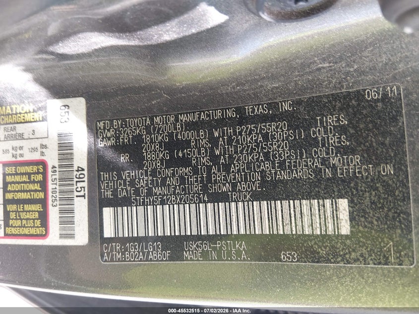 2011 Toyota Tundra VIN 5TFHY5F12BX205614 IAAI salvage auction — ALL OVER, Nrc Lienholder Repossession Paperwork (Idaho), sold $3,050 on 2026-07-24 (photo 9)