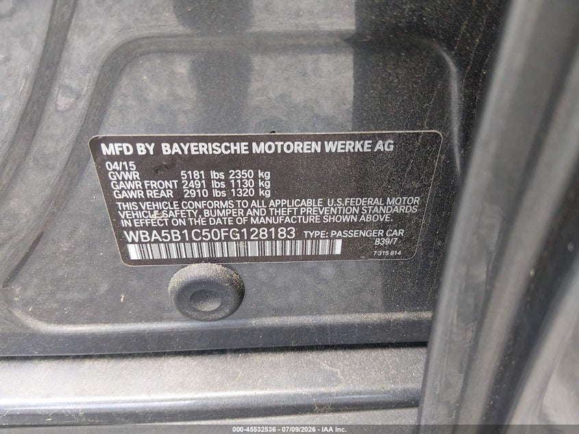 2015 BMW 5er VIN WBA5B1C50FG128183 IAAI salvage auction — NORMAL WEAR, Clear (South Carolina), sold $1,000 on 2026-07-28 (photo 9)