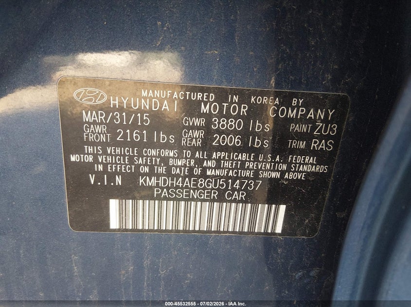 2016 Hyundai Elantra VIN KMHDH4AE8GU514737 IAAI salvage auction — NORMAL WEAR, Original (Ohio), sold $625 on 2026-07-28 (photo 9)