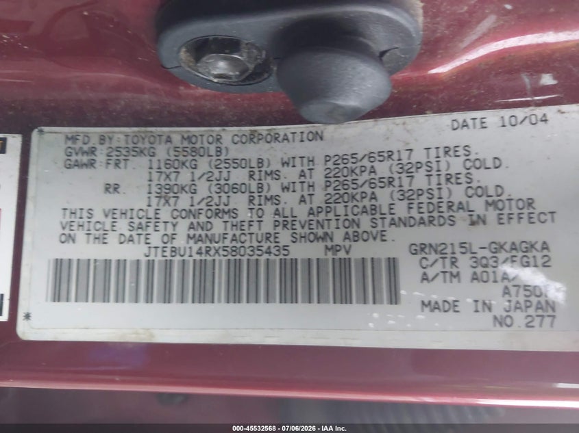 2005 Toyota 4runner VIN JTEBU14RX58035435 IAAI salvage auction — FRONT END, Mv-907A (New York), sold $2,100 on 2026-07-17 (photo 9)