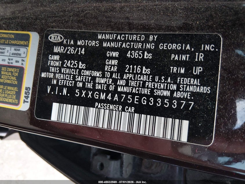 2014 Kia Optima VIN 5XXGM4A75EG335377 IAAI salvage auction — HAIL, Salvage (Ohio), sold $825 on 2026-07-09 (photo 9)