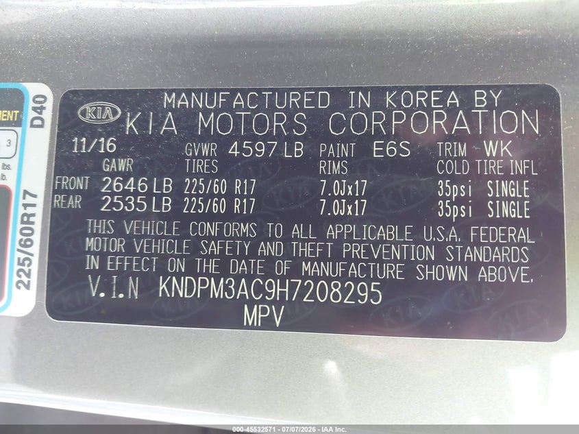2017 Kia Sportage VIN KNDPM3AC9H7208295 IAAI salvage auction — THEFT, Salvage (North Carolina), sold $2,850 on 2026-07-16 (photo 9)