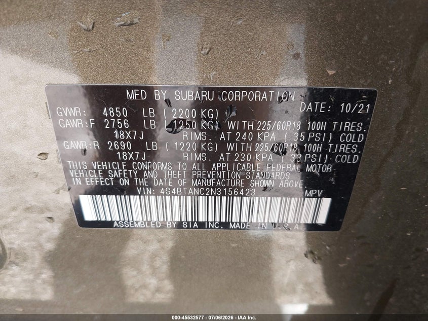 2022 Subaru Outback VIN 4S4BTANC2N3156423 IAAI salvage auction — FRONT END, Salvage (Montana), sold $7,700 on 2026-07-31 (photo 9)