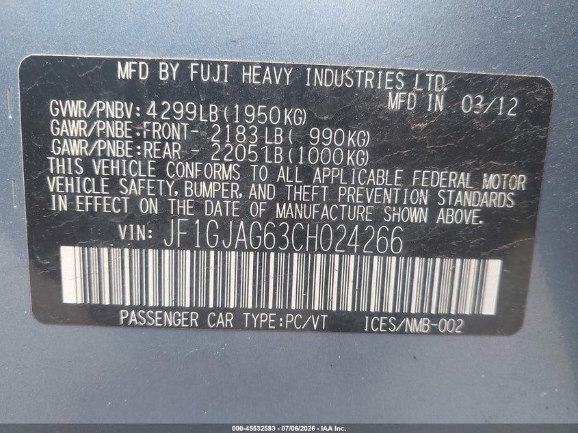2012 Subaru Impreza VIN JF1GJAG63CH024266 IAAI salvage auction — FRONT END, Clear (Massachusetts), sold $775 on 2026-07-08 (photo 9)