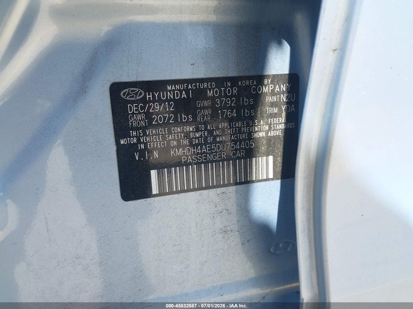 2013 Hyundai Elantra VIN KMHDH4AE5DU754405 IAAI salvage auction — LEFT FRONT, Salvage (California), sold $925 on 2026-07-29 (photo 9)