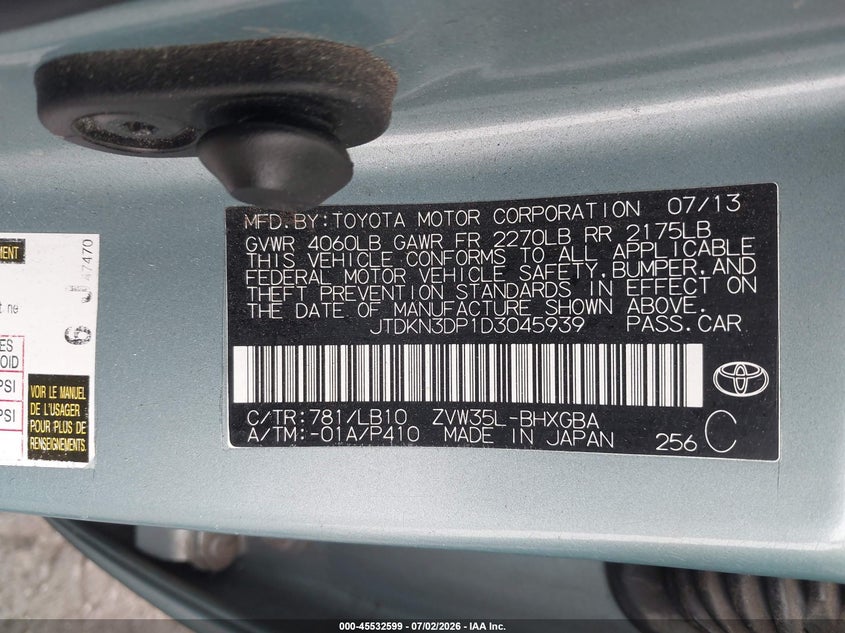 2013 Toyota Prius VIN JTDKN3DP1D3045939 IAAI salvage auction — FRONT END, Salvage Certificate (California), sold $4,400 on 2026-07-15 (photo 9)
