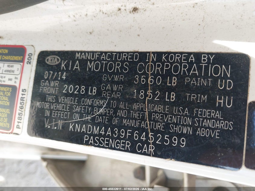 2015 Kia Rio VIN KNADM4A39F6452599 IAAI salvage auction — NORMAL WEAR, Clear (North Carolina), sold $1,000 on 2026-07-24 (photo 9)