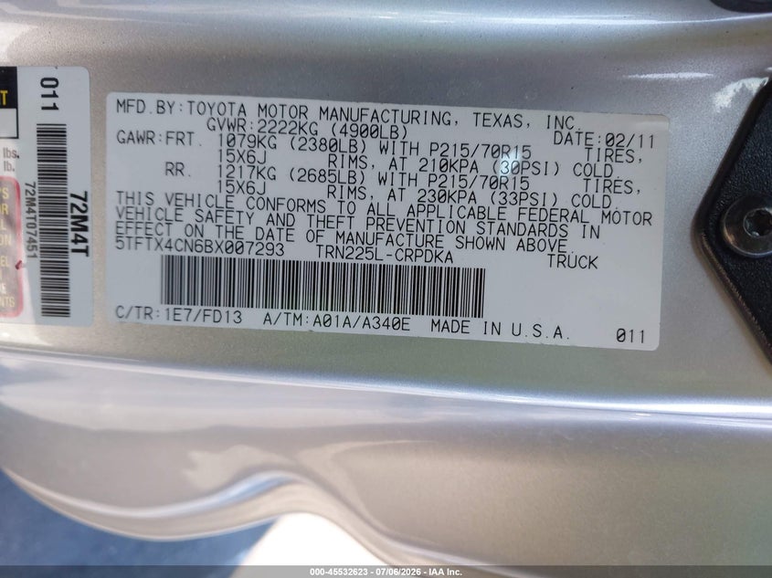 2011 Toyota Tacoma VIN 5TFTX4CN6BX007293 IAAI salvage auction — LEFT SIDE, Salvage Certificate (California), sold $6,400 on 2026-07-24 (photo 9)