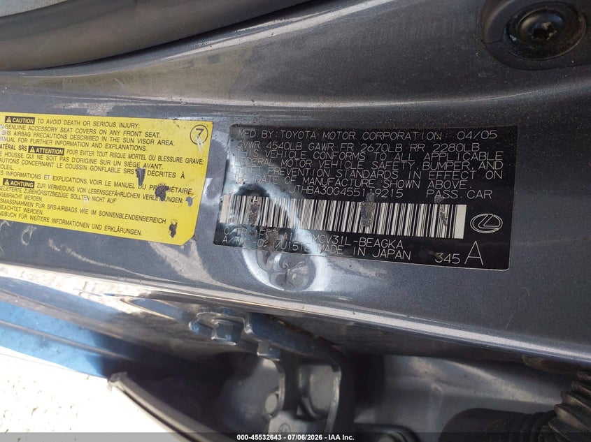 2005 Lexus Es 330 VIN JTHBA30G455119215 IAAI salvage auction — NORMAL WEAR, Clear (Illinois), sold $675 on 2026-07-15 (photo 9)
