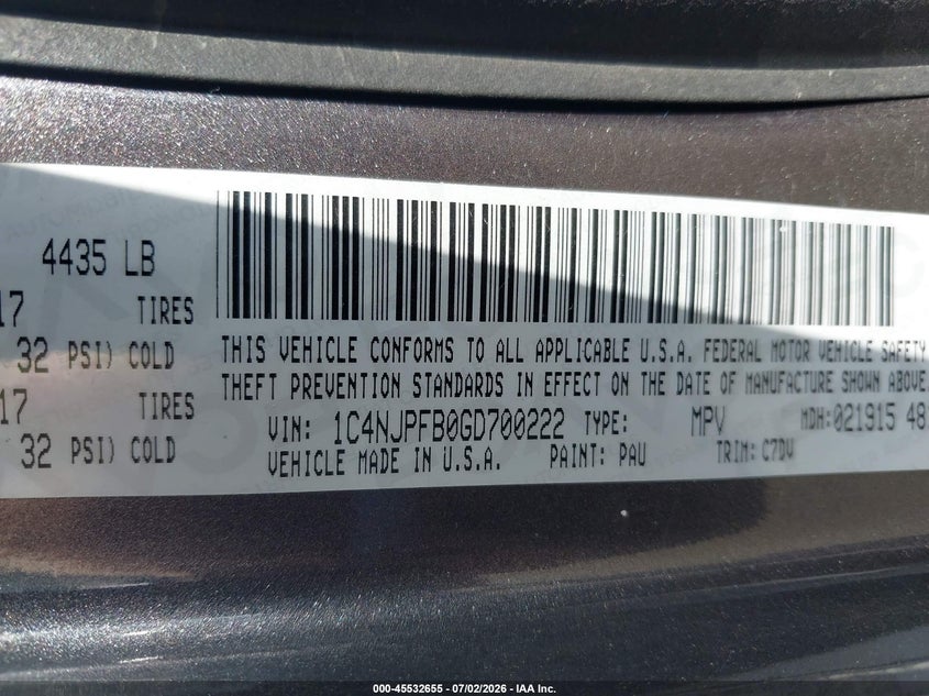 2016 Jeep Liberty (patriot) VIN 1C4NJPFB0GD700222 IAAI salvage auction — SIDE, Salvage (Ohio), sold $300 on 2026-07-23 (photo 9)