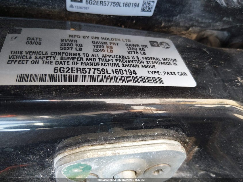 2009 Pontiac G8 VIN 6G2ER57759L160194 IAAI salvage auction — FRONT END, Salvage (Missouri), sold $800 on 2026-08-25 (photo 9)