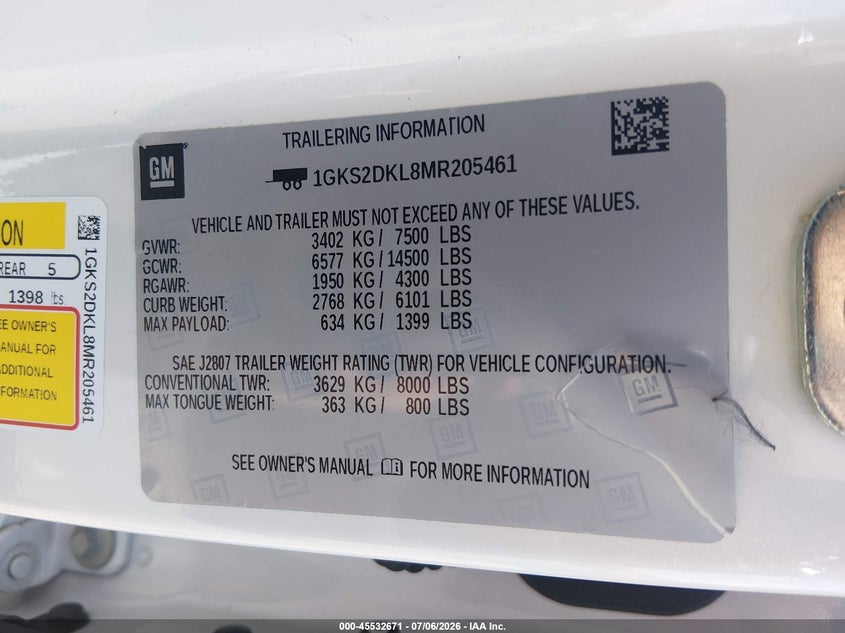 2021 Gmc Yukon VIN 1GKS2DKL8MR205461 IAAI salvage auction — FRONT END, Salvage Title, sold $22,000 on 2026-07-26 (photo 9)