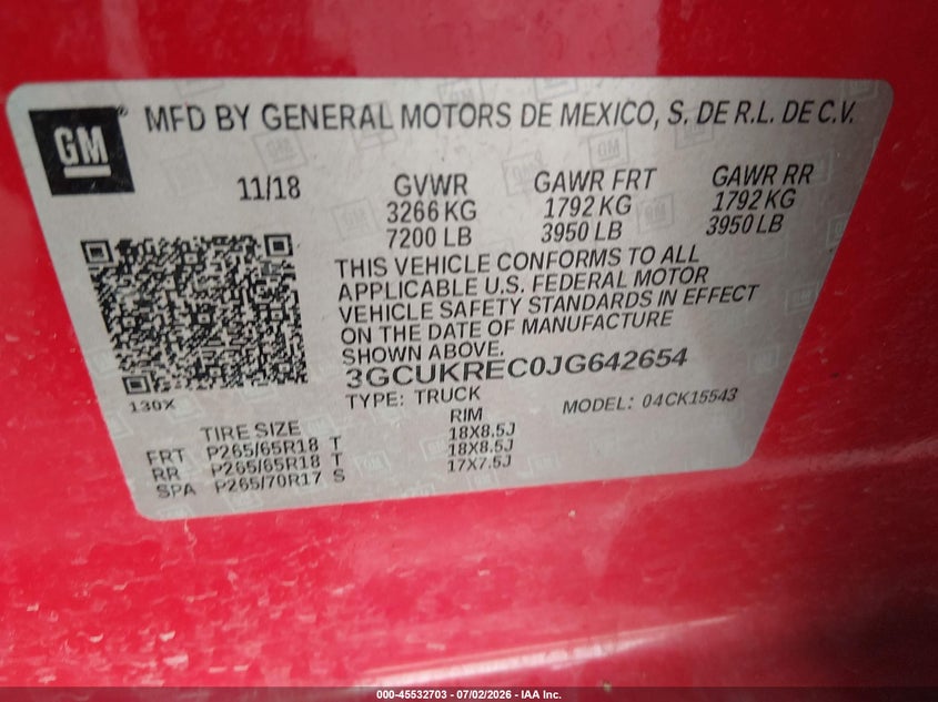 2018 Chevrolet Silverado 1500 VIN 3GCUKREC0JG642654 IAAI salvage auction — NORMAL WEAR, Original (Texas), sold $7,300 on 2026-07-29 (photo 9)
