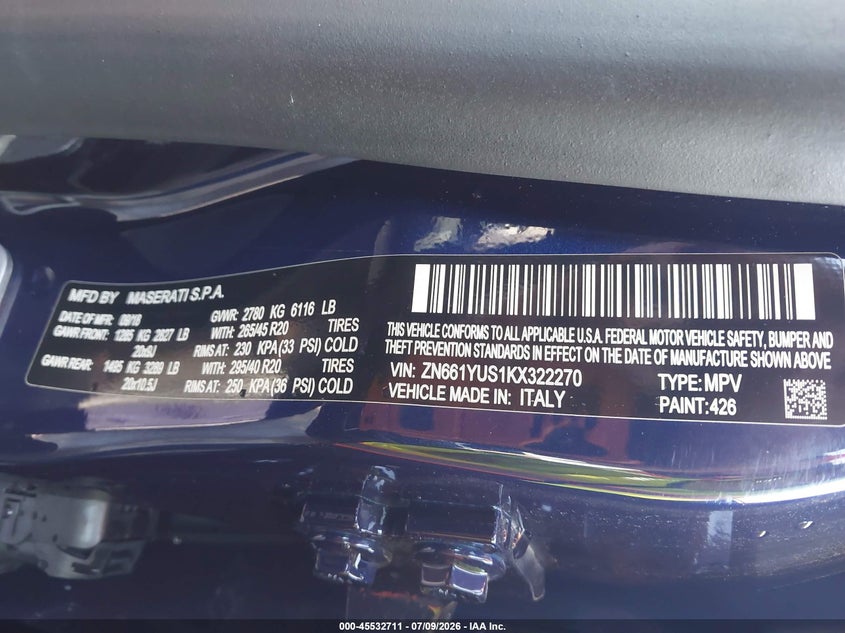 2019 Maserati Levante VIN ZN661YUS1KX322270 IAAI salvage auction — FRONT END, Salvage (Kansas), sold $11,800 on 2026-08-12 (photo 9)