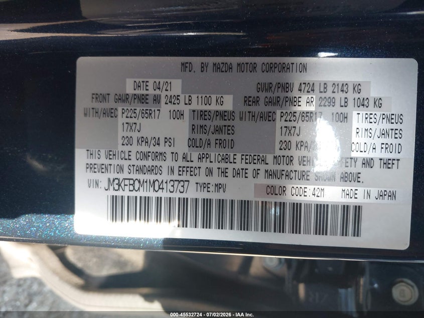 2021 Mazda Cx-5 VIN JM3KFBCM1M0413737 IAAI salvage auction — REAR END, Salvage Title, sold $5,500 on 2026-07-28 (photo 9)