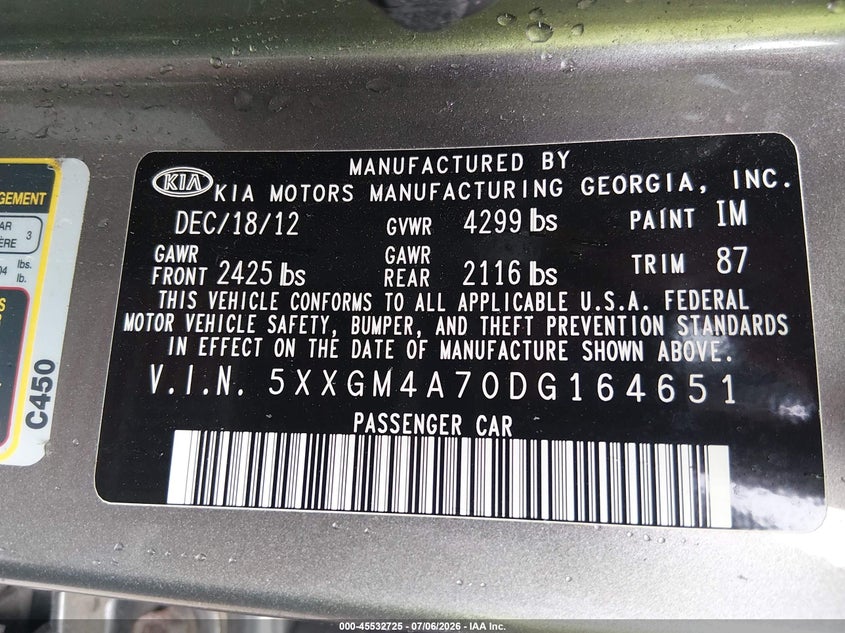 2013 Kia Optima VIN 5XXGM4A70DG164651 IAAI salvage auction — RIGHT FRONT, Clear (Massachusetts), sold $250 on 2026-07-17 (photo 9)